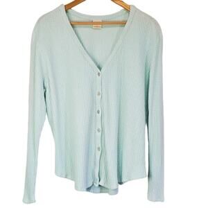 Jasmine & Ginger Green V Neck Button Front Waffle Weave Sweater Cardigan Medium